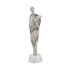3.5x3x12" Abstract Aluminum Human Figurine on Marble Stand, Silver/White