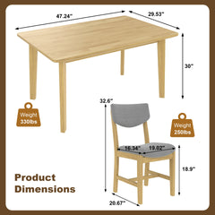 Rustic 5-Piece Dining Set - 1 Solid Wood Table + 4 Upholstered Chairs, Farmhouse-Style Dining Furniture for Kitchen & Dining Room, Minimalist Dining Set for 4, Natural