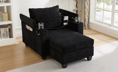 Convertible Chaise Lounge 37.4" Sofa Chair Sofa Bed Corduroy Sleeper Sofa with USB Ports , Two Cup Holders, Phone Holder and Ample Storage Space for Living Room and Bedroom, Black