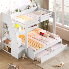 Twin over Full Bunk Bed with Storage Staircase, Trundle, Storage Shelves, LED and USB, White