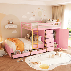 Full Size Bunk Bed with 2 Large Drawers & 5 Small Drawers, MDF & Solid Wood Construction, Modern Storage Design with Small Wardrobe –Sakura Pink