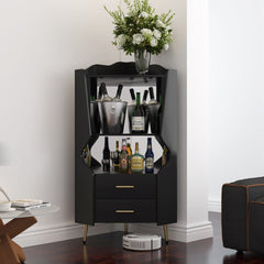 Wooden Corner bar cabinet with 2 open storage shelves and 2 drawers, mirrored back sideboard cabinet, high feet/legs for easy cleaning, buffet cabinet BLACK