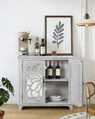 Elegant sideboard with 2 acrylic mirrored doors Sideboard and Buffet with Storage, Hollow-Carved Accent Cabinet gray laminates and MDF substrate, spacious space adjustable shelf, living room, kitchen