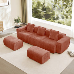 Streamlined Design Modular 3 Seat U Shape Sectional Boneless Sofa with French Edge Piping, No Assembly Required,3-Seat Sofa Couch with Throw Pillows and 2 Movable Ottomans, Velvet Fabric Red