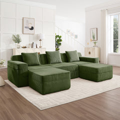 Modular 3 Seat U Shape Sectional Boneless Sofa, Cloud Sectional Couch with Deep Seat, Modern Modular 3-Seat Sofa Couch with Throw Pillows and 2 Movable Ottomans, Corduroy Fabric Green