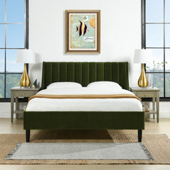 Aspen Vertical Tufted Modern Headboard Platform Bed Set, Queen, Olive Green Performance Velvet