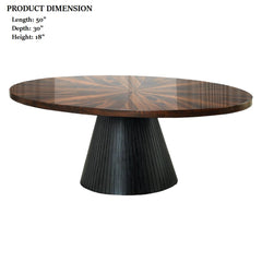 Contemporary Style Oval Coffee Table Parquet Pattern Top Drum Base Black Finish Primary Living Room