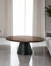 Contemporary Style Oval Coffee Table Parquet Pattern Top Drum Base Black Finish Primary Living Room