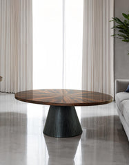 Contemporary Style Oval Coffee Table Parquet Pattern Top Drum Base Black Finish Primary Living Room