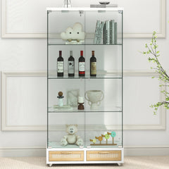 Modern Glass Display Cabinet with Large Drawers,Quick-assembly Antique Cabinet with LED lights,empered Glass Bookshelf,2-Door Storage Case with 4 Shelves for Living Room and Bedroom,white and natural