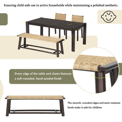 Farmhouse Modern Solid Wood Rattan Bench - 59 Inch Indoor & Covered Outdoor Bench Walnut Finish Multi-Functional Design