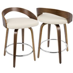 Grotto Mid-Century Modern Counter Stool with Swivel in Walnut with Cream Faux Leather by LumiSource - Set of 2