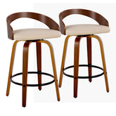 Grotto 26" Mid-Century Modern Fixed-Height Counter Stool with Swivel in Walnut Wood and Cream Faux Leather with Round Black Metal Footrest by LumiSource - Set of 2