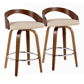 Grotto 26" Mid-Century Modern Fixed-Height Counter Stool with Swivel in Walnut Wood and Cream Faux Leather with Round Chrome Metal Footrest by LumiSource - Set of 2