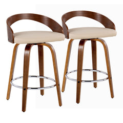 Grotto 26" Mid-Century Modern Fixed-Height Counter Stool with Swivel in Walnut Wood and Cream Faux Leather with Round Chrome Metal Footrest by LumiSource - Set of 2