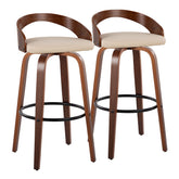 Grotto 30" Mid-Century Modern Fixed-Height Barstool with Swivel in Walnut Wood and Cream Faux Leather with Round Black Metal Footrest by LumiSource - Set of 2