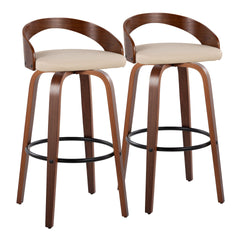 Grotto 30" Mid-Century Modern Fixed-Height Barstool with Swivel in Walnut Wood and Cream Faux Leather with Round Black Metal Footrest by LumiSource - Set of 2
