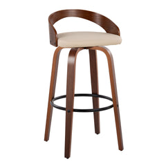 Grotto 30" Mid-Century Modern Fixed-Height Barstool with Swivel in Walnut Wood and Cream Faux Leather with Round Black Metal Footrest by LumiSource - Set of 2