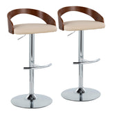 Grotto Contemporary Adjustable Barstool with Swivel in Chrome Metal, Walnut Wood and Cream Faux Leather with Rounded T Footrest by LumiSource - Set of 2