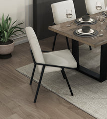 Modern Contemporary 7pc Dining Set Black Metal Base Table and 6x Side Chairs Cream Fabric Upholstered Furniture