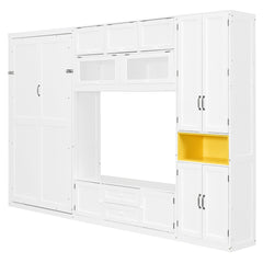 Twin Size Wooden Murphy Bed with TV Stand, 2 Drawers, Shelves, and Cabinets, White
