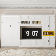 Twin Size Wooden Murphy Bed with TV Stand, 2 Drawers, Shelves, and Cabinets, White
