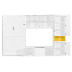 Twin Size Wooden Murphy Bed with TV Stand, 2 Drawers, Shelves, and Cabinets, White