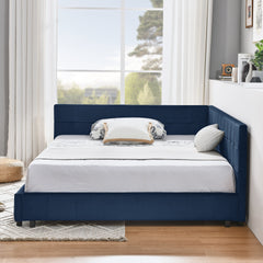 Full Size Upholstered Tufted Bed Frame, Sofa Bed Frame with Comfortable Backrest and Armrests, Full Size Bed for Bedroom, Living Room,Velvet, Dark blue(80.5''*59''*30.5'')