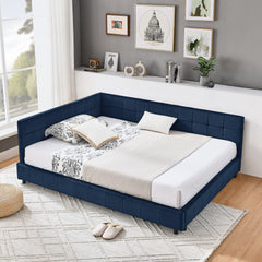 Full Size Upholstered Tufted Bed Frame, Sofa Bed Frame with Comfortable Backrest and Armrests, Full Size Bed for Bedroom, Living Room,Velvet, Dark blue(80.5''*59''*30.5'')