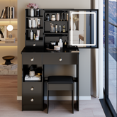 29.2 inch Small Size Left Drawer Desktop Vanity Table + Cushioned Stool, Large Sliding, Touch Control, Tri-color Switching, Brightness Adjust LED Mirror, High Capacity Storage, Suitable for Small Space
