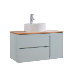 36-Inch Double Drawer + Single Door Wall-Mounted Bathroom Vanity .Blue Cabinet + Solid Wood Natural Top,Round Art Ceramic Sink Modern Minimalist Design,For Bathroom