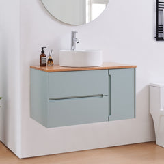 36-Inch Double Drawer + Single Door Wall-Mounted Bathroom Vanity .Blue Cabinet + Solid Wood Natural Top,Round Art Ceramic Sink Modern Minimalist Design,For Bathroom