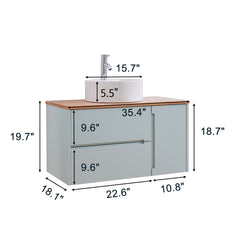 36-Inch Double Drawer + Single Door Wall-Mounted Bathroom Vanity .Blue Cabinet + Solid Wood Natural Top,Round Art Ceramic Sink Modern Minimalist Design,For Bathroom