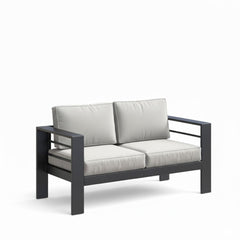 52" All-Weather Metal Loveseat Patio Sofa with Thick Light Gray Cushions & Black Frame