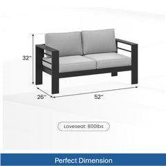 52" All-Weather Metal Loveseat Patio Sofa with Thick Light Gray Cushions & Black Frame