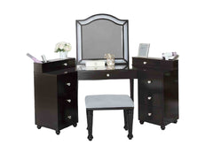 Glam Style 1pc Vanity w/ Stool Set 8mm Glass Top Storage Drawers LED On Mirror Obsidian Gray Finish Bedroom Furniture