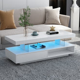 VIBE HAUS LED Coffee Table with Storage, Modern Center Table with 2 Drawers and Display Shelves, Accent Furniture with LED Lights for Living Room,White