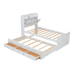 Twin Size Wooden Bed with Storage Headboard with Outlets, Extendable Bed with Twin Size Trundle with Three Storage Drawers,White