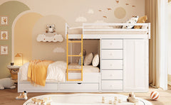 Full Size Bunk Bed with 2 Large Drawers & 5 Small Drawers, MDF & Solid Wood Construction, Modern Storage Design with Small Wardrobe –White