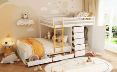 Full Size Bunk Bed with 2 Large Drawers & 5 Small Drawers, MDF & Solid Wood Construction, Modern Storage Design with Small Wardrobe –White
