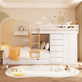 Full Size Bunk Bed with 2 Large Drawers & 5 Small Drawers, MDF & Solid Wood Construction, Modern Storage Design with Small Wardrobe –White