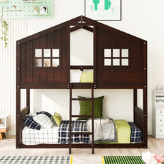 Twin Over Twin House Bunk Bed With Ladder, Wood Bed-Espresso(OLD SKU:LT000184AAP)