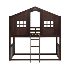 Twin Over Twin House Bunk Bed With Ladder, Wood Bed-Espresso(OLD SKU:LT000184AAP)