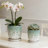 Handmade Green-White Gradient Ceramic Planter Set (7.48"×5.51" & 8.07"×6.1"), Indoor & Outdoor Flower Pots for Orchids, Succulents by Window, Breathable Holes & Lightweight