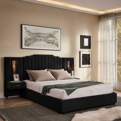 Queen Size Upholstered Bed Frame with Velvet Fabric, Vertical Stripe Design with Buttons Around Platform Bed with Headboard, Solid Frame & Bedside Table - No Box Spring Needed-Black