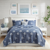 4 Piece Cotton Reversible Embroidered Quilt Set with Throw Pillow Navy King/Cal King