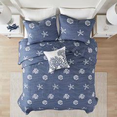 4 Piece Cotton Reversible Embroidered Quilt Set with Throw Pillow Navy King/Cal King