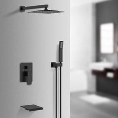 Rain Shower System Brushed Nickel Tub Shower Faucet Set 10 Inch Square Rainfall Shower Head with Handheld Sprayer and Waterfall Tub Spout Pressure Balance Rough-in Valve Shower Mixer Combo