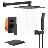 Rain Shower System Brushed Nickel Tub Shower Faucet Set 10 Inch Square Rainfall Shower Head with Handheld Sprayer and Waterfall Tub Spout Pressure Balance Rough-in Valve Shower Mixer Combo