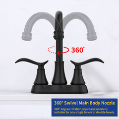 Bathroom Faucet Matt Black with Pop-up Drain & Supply Hoses 2-Handle 360 Degree High Arc Swivel Spout Centerset 4 Inch Vanity Sink Faucet